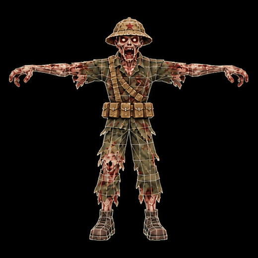 Rotating low-poly zombie Viet Cong soldier model in a helmet and torn uniform